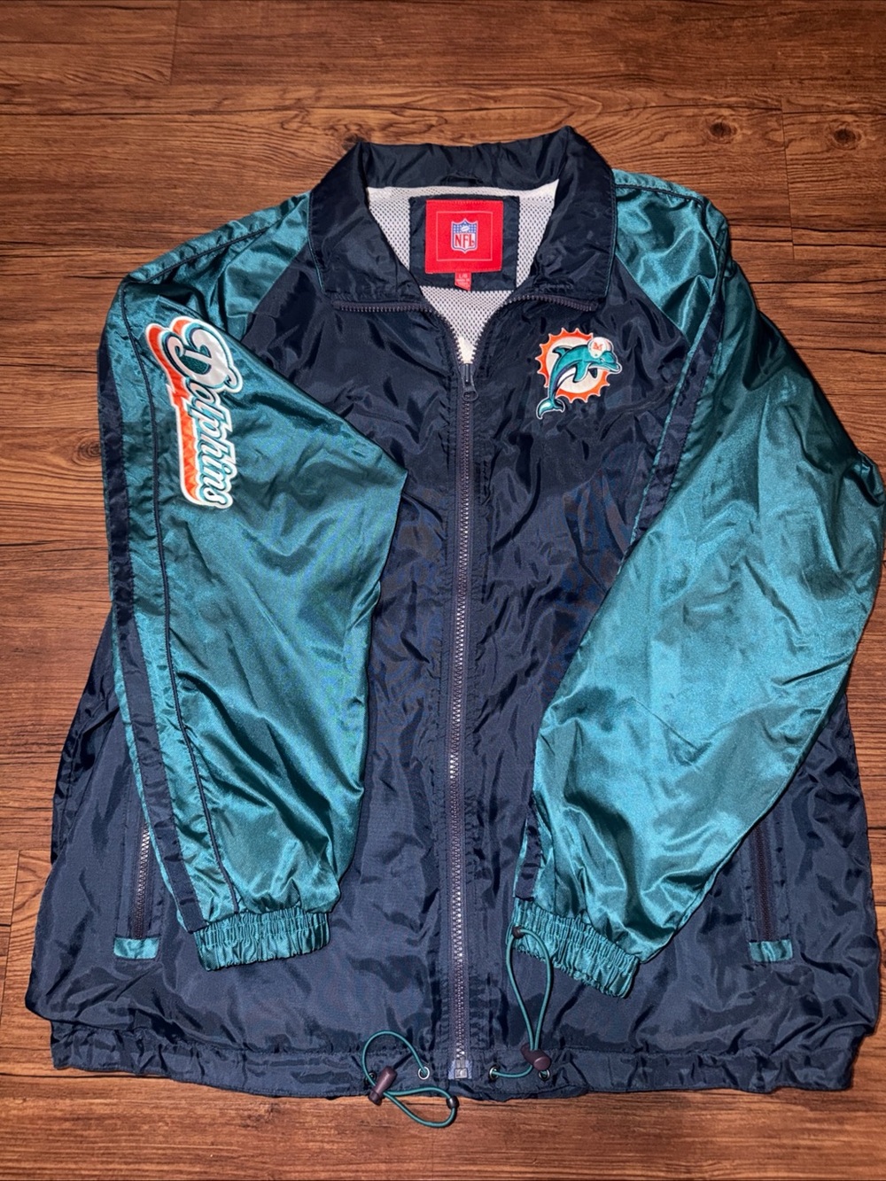 NFL Miami Dolphins windbreaker JACKET LOGO SPELL-OUT MENS LARGE